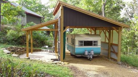 Permanent Rv Setup, Caravan Shelter Ideas, Rv Shelter Ideas, Caravan Shelter, Carport Over Camper, Rv Shelters With Deck, Camper Under Carport, Metal Rv Carport Ideas, Rv Carport With Storage Room