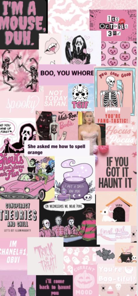 Mean girls meet halloween.  90s pink aesthetic fall vibes. Pink Halloween Calendar, Pink Halloween Wallpaper Collage, Girly Halloween Aesthetic Wallpaper, Pink Halloween Collage, Pink Spooky Aesthetic Wallpaper, Girlie Halloween Wallpaper, Horror Wallpaper Aesthetic Pink, Girly Spooky Aesthetic, Girly Scream Wallpaper