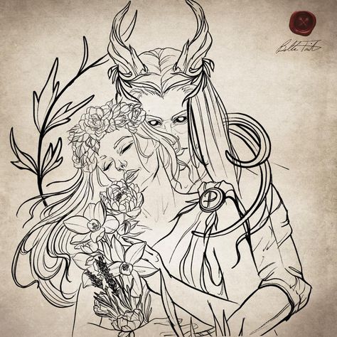 𝕭𝖊𝖑𝖑𝖆 𝕿𝖆𝖎𝖙 • Tattoo Artist on Instagram: “Here are some details of this large Hades & Persephone design I am very excited to tattoo on Meaghan’s arm this week.  This design is…” Persephone Hades Tattoo, Hades And Persephone Tattoo Ideas, Persephone Art Drawing, Persephone Sketch, Hades Tattoo Design Greek Mythology, Persephone Design, Persephone Tattoo Design, Persephone Tattoo Ideas, Persephone And Hades Tattoo