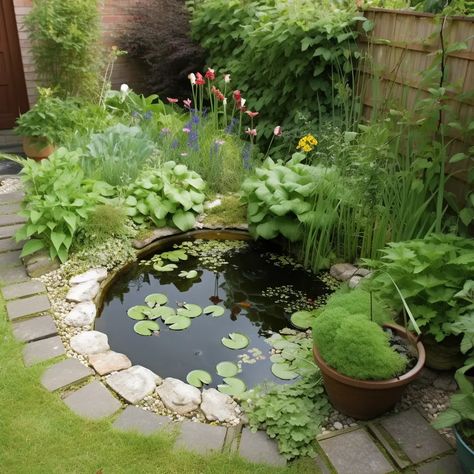 Pond In Garden Ideas, Small Lily Pond, Small Garden Pond Design, Garden Design With Pond, Small Lotus Pond In Garden, Allotment Pond Ideas, Pond Small Garden, Garden Design Pond, Pond In The Garden