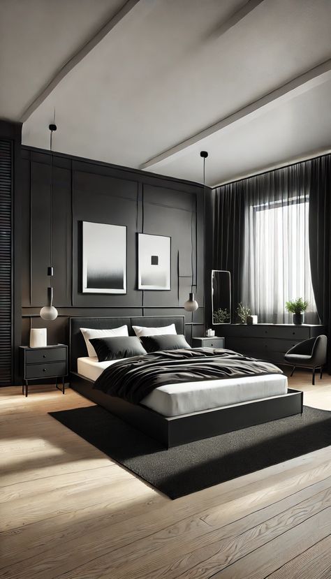 21 Stunning Black Bedroom Decor Ideas That Will Make You Want to Redecorate ASAP 🖤✨ Black Master Room, Dark Feminine Aesthetic Bedroom, Bedroom With Black Wall, Modern Bedroom Dark, Black Bedroom Walls, Rich Bedroom Luxury, Black Bedroom Decor Ideas, Black Modern Bedroom, Black Upholstered Bed