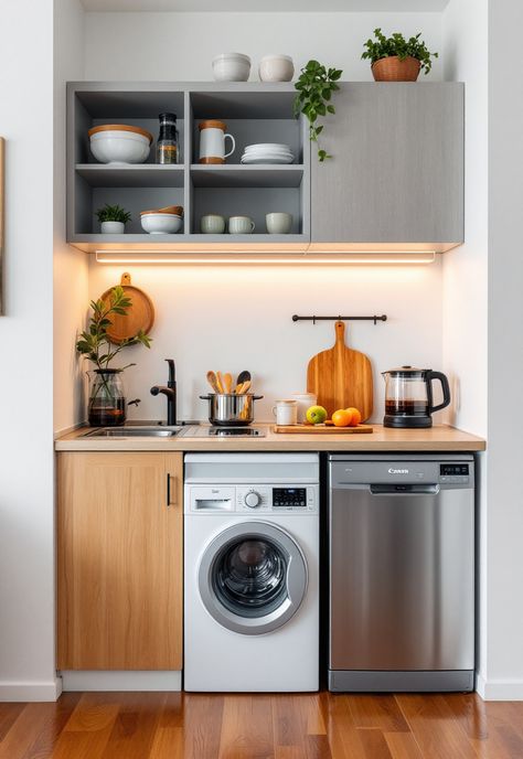 Studio Apartment Decor Tiny Kitchen Washing Machine, Small Kitchens For Airbnb, Tiny Studio Apartment Ideas Mini Kitchen, Airbnb Small Kitchen, Mini Appliances Tiny House Kitchens, Kitchenettes For Small Spaces, Diy Small Kitchenette, Small Studio Kitchen Ideas Kitchenettes, Dishwasher In Small Kitchen