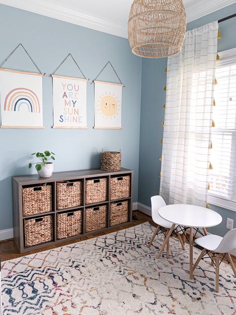 Playroom Laundry Room Combo, Dining Room And Playroom, Long Narrow Playroom, Downstairs Playroom Ideas, Blue Playroom Ideas, Light Blue Playroom, Playroom Corner In Living Room, Dining Room Playroom Conversion, Living Room Play Corner