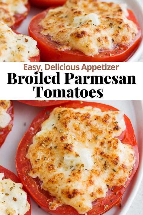 Broiled Parmesan Tomatoes - a quick and easy 15 minute appetizer that is always a crowd-pleaser! #broiledtomatoes #parmesantomatoes #quickappetizer #easyappetizer #broiledtomatoesrecipe #thewoodenskillet Broiled Tomatoes, Baked Tomato Recipes, Parmesan Tomatoes, Baked Parmesan Tomatoes, Wooden Skillet, Vegetarian Party Food, Tomato Snacks, Tomato Dishes, Tomatoes Recipe