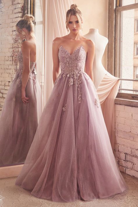 Strapless Tulle Dress, Cinderella Divine, Dusty Mauve, Prom Ball Gown, Strapless Corset, Floral Gown, Strapless Gown, Tulle Gown, Romantic Lace