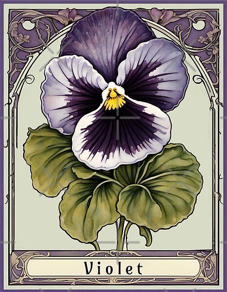 A captivating Art Nouveau portrayal of February's birth flower, the Violet. This artwork blends vintage allure with botanical elegance, offering a timeless and enchanting depiction of the delicate beauty associated with Violets. Art Nouveau Flowers Illustration, Flower Art Nouveau, February Flower, Violet Flower Tattoos, Violet Design, Fleurs Art Nouveau, February Birth Flowers, Nouveau Tattoo, Art Nouveau Flowers