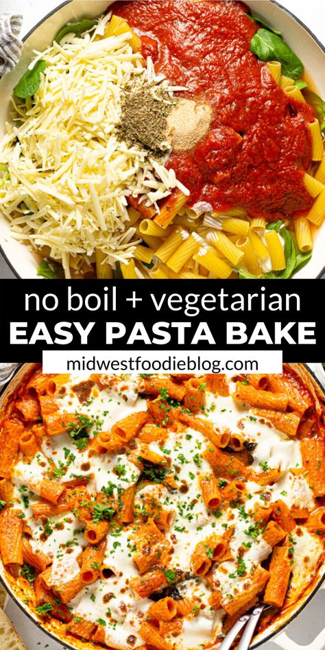 Pasta Bake No Cheese, One Pan Pasta Recipes Oven, Pasta Cooked In Oven, Dry Pasta Bake, Baked Vegetarian Pasta Recipes, How To Cook Pasta In The Oven, Cooking Pasta In Oven, Easy One Pan Pasta Recipes, Cook Pasta In Oven