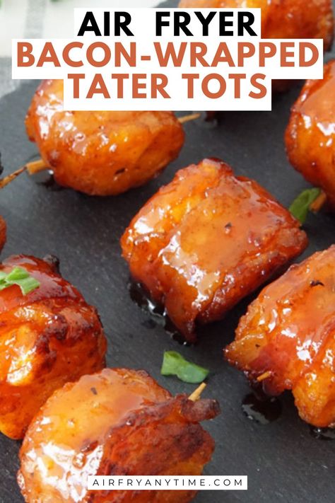 Indulge in the ultimate crispy treat with air fryer bacon-wrapped tater tots! 🥓🍟 Perfectly crunchy on the outside and savory on the inside—these are a game-day must-try. #AirFryerRecipes #BaconWrapped #TaterTots #SnackGoals Bacon In The Air Fryer, Bacon Wrapped Tater Tots, Wrapped In Bacon, Seasoning Salt, Honey Sauce, Sweet Potato Chips, Tater Tots, Crispy Treats, Air Fryer Recipes Healthy