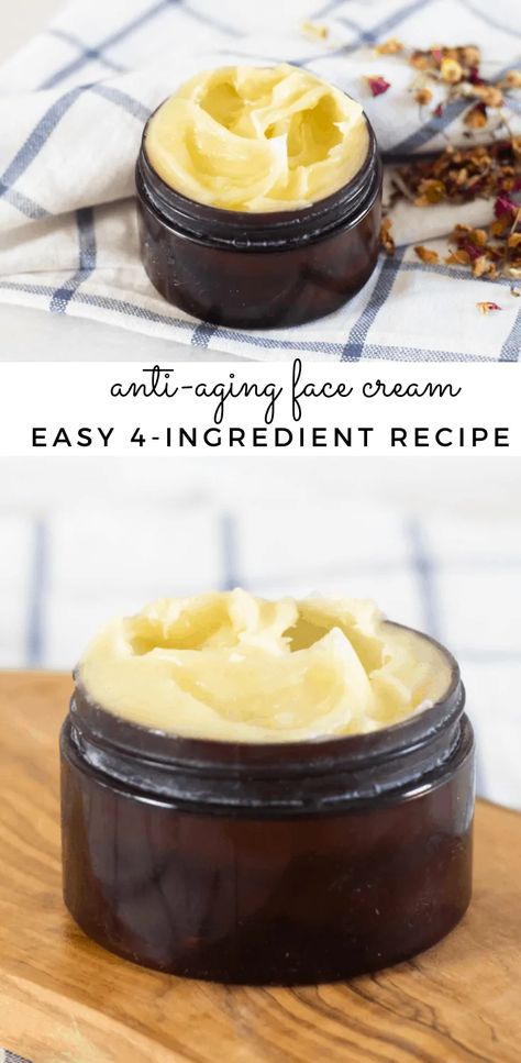 This DIY anti-aging face cream may help reduce signs of aging, wrinkles, fine lines, and age spots. With only 4-ingredients, this homemade face cream is super simple to whip up and very cost-effective. #antiagingfacecream #diyfacecream #antiaging #essentialoils Natural Anti Aging Skin Care Homemade Wrinkle Creams, Natural Face Cleanser Homemade, Hydrocloroquine Recipe, Homemade Face Moisturizer For Dry Skin, Skin Care Natural Ingredients, Diy Moisturizer Face, Diy Products To Sell, Face Cream Homemade, Face Moisturizer Diy