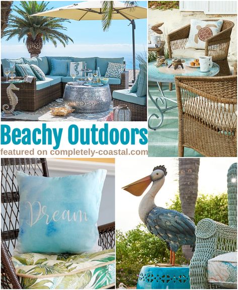 Beach Themed Patio Ideas, Beach Theme Outdoor Decor Patio, Outdoor Beach House Decor, Beach Patio Decor, Beachy Patio Ideas, Patio Beach Theme, Beach House Patio Coastal, Nautical Backyard Ideas, Beach Deck Ideas