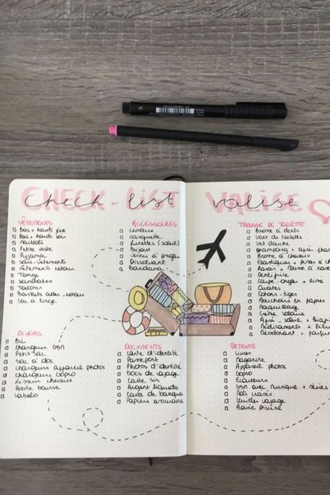 Liste de vacances - bullet journal (à emporter dans les bagages) Bullet Journal Voyage, Best Travel Journals, Notebook Diy, Travel Journal Scrapbook, Diy Travel Journal, Travel Sketchbook, Bullet Planner, Diary Ideas, Bullet Journal Writing