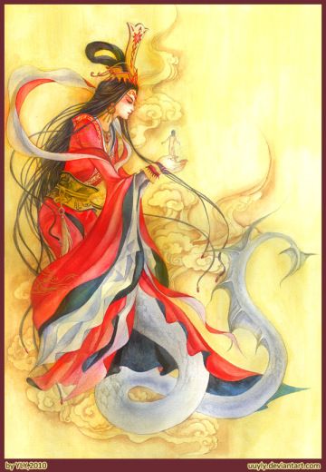 Nü-Kua emerged from the heavens and roamed the Earth and was awed by all of its beauty, but the world was devoid of creatures, and She had n... Goddess Of Creation, Chinese Goddess, Female Deity, World Mythology, Divine Goddess, Legends And Myths, The Boogeyman, Chinese Mythology, Goddess Art