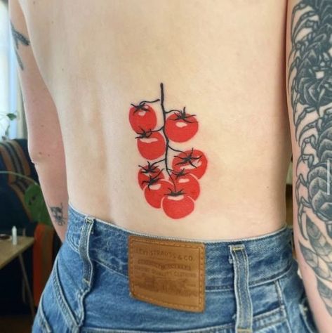 Cherry Flash Tattoo, Fine Art Tattoo Ideas, Color Block Tattoo, Squash Tattoo, Tomato Vine Tattoo, Veggie Tattoo, Vegetable Tattoos, Original Tattoo Ideas, Tomato Aesthetic