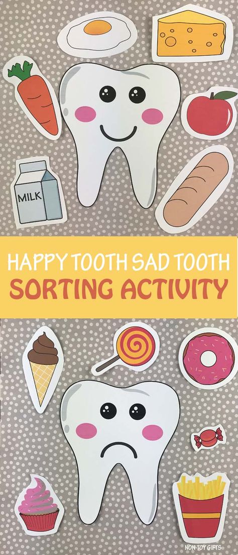 Happy tooth sad tooth dental health sorting activity / game for preschoolers, kindergartners and older kids. Use the template to play this game and talk about taking care of our teeth, how to properly brush our teeth, how to floss and avoid cavities. #happytoothsadtooth #happytoothsadtoothgame #happytoothsadtoothactivity #toothcraft #toothcraftforkids #dentalhealth Good Teeth Bad Teeth Activity, Tooth Projects For Preschool, Teeth Ideas For Preschool, At The Dentist Preschool, Preschool Dental Hygiene Activities, Teeth Activity For Preschoolers, Healthy Teeth Activities For Preschool, Nutrition Games For Preschoolers, Preschool Tooth Craft