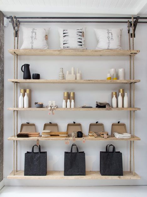 Folklore by Danielle and Rob Reid Rustic Wood Shelving, Display Visual Merchandising, Yabu Pushelberg, Decor Studio, Retail Shelving, Store Interiors, Rope Shelves, Shop Fronts, Interior Display