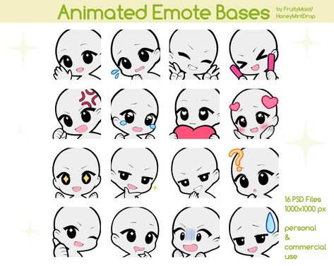 Emote Bases with 2 Frames for Animated Emotes 16 PSD files for creating your own emotes for personal and commercial use Size 1000x1000 Compatible with any art program that supports PSD files (Clip Studio Paint, SAI, Photoshop, Medibang, Krita...) Allowed: -creating own emotes for Twitch/Discord -Base for YCH commissions Not Allowed: -Sell bases as they are -NO AI Message me if you have any questions maidfruity@gmail.com Emote Reference Drawing, Upper Angle Pose Drawing, Twitch Emote Reference, Twitch Emote Template, Chibi Emotes Twitch Base, Twitch Emote Base Free, Ych Base Couple Cute, Twitch Emoji Base, Twitch Emotes Base Free