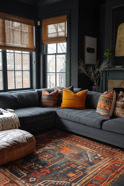 29 Dark Grey Couch Living Room Ideas for Sophisticated Style 23 Cozy Living Rooms Dark Couch, Rust And Grey Living Room, Rust Couch Living Room Ideas, Grey Couch Living Room Ideas, Dark Grey Sofa Living Room, Dark Grey Couch, Dark Couch, Dark Walls Living Room, Dark Grey Couch Living Room