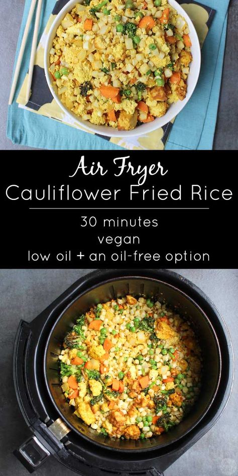 It is so easy to make air fried cauliflower rice in the air fryer! You can follow this recipe exactly or mix-and-match your own veggies to suit your tastes. Air Fried Cauliflower, Vegan Air Fryer Recipes, Vegan Air Fryer, Fried Cauliflower Rice, Halogen Oven, Cauliflower Fried, Air Fried Food, Air Fry Recipes, Cauliflower Fried Rice