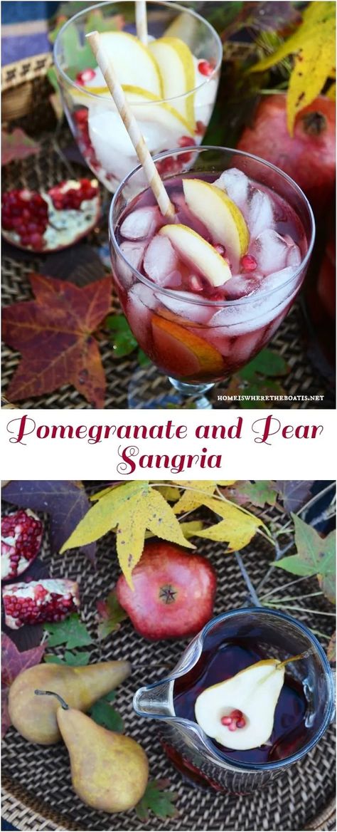 Pomegranate and Pear Sangria, as easy to mix as is to drink! The perfect beverage to serve for a crowd for Thanksgiving! | ©homeiswheretheboatis.net #fall #Thanksgiving #cocktail Pomegranate Thanksgiving Drink, Pomegranate Sangria Recipes, Pear Sangria, Pie Crust Leaves, Pomegranate Sangria, Thanksgiving Sangria, Turkey Desserts, Thanksgiving Turkey Dinner, Thanksgiving Cocktail