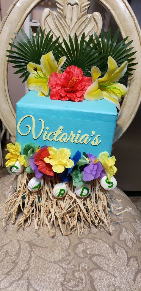 Hawaiian theme money/card box Luau Card Box Ideas, Hawaiian Quinceanera Theme, Hawaiian Theme Graduation Party, Party Card Box, Grad Party Theme, Money Card Box, Wood Card Box, Hawaii Themed Party, Graduation Box