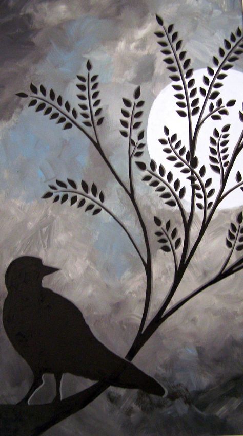 Crow Painting Easy, Crow Painting Acrylic Easy, Rabbit Cottage, Kate Morgan, Crow Painting, Beach Art Painting, Bird Barn, Flower Pot Art, Moonlight Painting