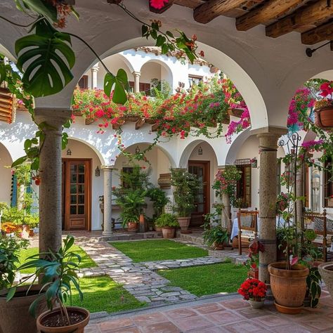 Mexican Home Exterior Colors, Mexican Home Design Exterior, Hacienda Style Backyard, Spanish Villa Courtyard, House With Personality, Mexican Architecture House, Hacienda Style Garden, Spanish Garden Hacienda Style, Spanish Courtyard Ideas