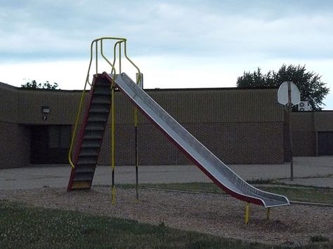 aaahhh, our metal slides in the sun ... burnt legs = fun times at the playground Metal Playground, Vintage Playground, School Playground Equipment, Playground Slide, Community School, Bg Design, School Playground, Metal Slide, Vintage School