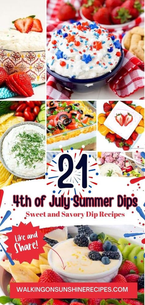 From classic dill vegetable dips to creative recipes that could also double as desserts, these 4th of July Dip Recipes are sure to impress your guests and get everyone ready for the main event...the barbecue! July 4 Dips, 4th Of July Dips For Chips, 4th Of July Food Dips, Fourth Of July Dips Easy, Dip For 4th Of July, July 4th Dip Recipes, Fourth Of July Chips And Dip, 4th Of July Chips And Dip, 4th Of July Chip Dip