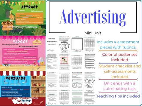 In this advertising unit, students will be asked to identify and create their own techniques in a series of wonderful activities. This unit includes graphic organizers, checklists, rubrics, teaching tips, self assessments and more. Also included is a colorful and engaging poster set about the purpose of advertisements. Advertisement Poster For School Project, Media Literacy Lessons, Advertisement Examples, Persuasive Techniques, Advertising Techniques, Career Exploration, Literacy Lessons, Media Literacy, Teaching Life