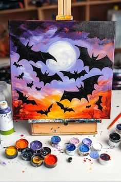 Kids Halloween Canvas Painting Ideas, Acrylic Painting Canvas Halloween, Halloween Witch Painting Ideas, Halloween Crafts On Canvas, Paint Night Halloween, Spooky Paintings Easy Step By Step, Halloween Painting Ideas For Beginners, Halloween Sunset Painting, Spooky Halloween Canvas Painting