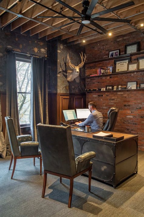 Mans Work Office, Outward Facing Desk Office Designs, Office Interior Industrial, Industrial Office Decor Professional, Rustic Mens Office, Industrial Style Office Space, Industrial Style Home Office, Ranch Office Ideas, Brick Wall Home Office