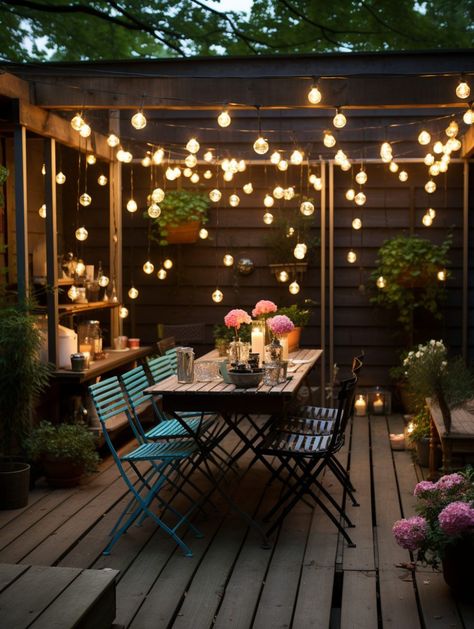 String Light Terrasse – Nymphs String Lights Home, Small Back Deck Ideas Decor, Simple Patio Ideas On A Budget, Pergola Patio Decor Ideas, Patio With String Lights, Small Pergola Ideas, Mediterranean Outdoor Patio, Mediterranean Backyard Ideas, Patio Lights String Ideas