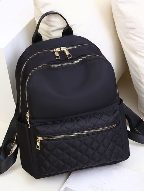 Black Unisex Collar  Polyester Quilted  Embellished   Women Bags Girly Backpacks, Stylish School Bags, My Style Bags, Functional Backpack, Rapper Quotes, Ladies Bag, Snapchat Picture, Girly Bags, College Bags