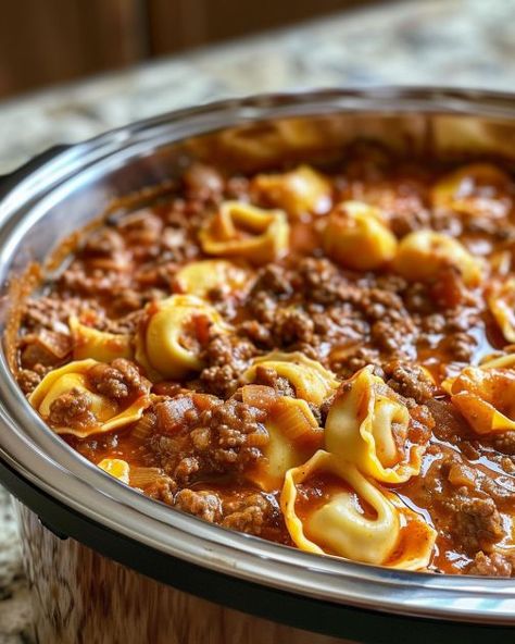 One of my fave recipes to make on busy days! Comes together quick and tastes great! Cheesy Beef Tortellini, Beef Tortellini, Cheesy Tortellini, Tortellini Recipes, Slow Cooker Pasta, Beef Casserole Recipes, Corn Casserole, Pasta Dinner Recipes, Crockpot Dishes