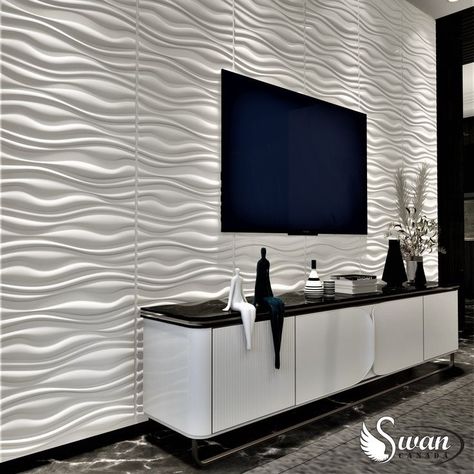 3d Wall Panels Design, White Kitchen Wall Tiles Ideas, 3d Pvc Panel Wall Design, Pvc Tiles Wall, 3d Wall Design Living Room, Bedroom Pvc Design Wall, Room Pvc Design Wall, Waves On Wall, 3d Panel Wall Ideas