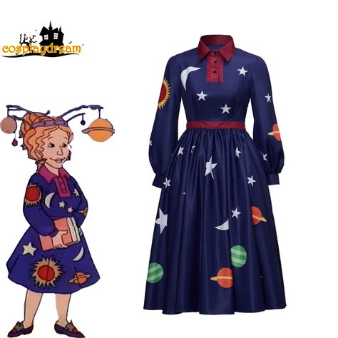 Magic School Bus Ms.Frizzle Cosplay Costume Solar System Long Sleeves Dress Elegant Female Fashion Dark Blue Planet, Mrs Frizzle Costume, Ms Frizzle Costume, Miss Frizzle Costume, Teacher Costume, Miss Frizzle, The Magic School Bus, Ms Frizzle, Teacher Costumes