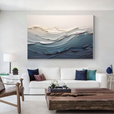 Artwork For Home Living Room, Coastal Living Room Art, Canvas On Wall Ideas, Canvas Wall Art Ideas, Wave Oil Painting, Abstract Minimalist Painting, Wall Art Idea, Ocean Home Decor, Home Backyard