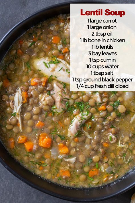 Chicken Lentil Soup is comfort food in a bowl. Made in one-pan, it’s also an easy meal to make on a hectic weeknight. Crockpot Chicken And Lentils, High Iron Bean Soup, Lentil Soup With Chicken Broth, Slow Cooker Chicken Lentil Soup, Chicken Lentil Stew, Lentil Soup With Chicken, Chicken Lentil Soup Recipe, Lentil Chicken Recipes, How To Make Lentil Soup