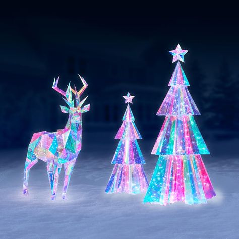 The 5' Prismatic Iridescent Christmas Stag - Hammacher Schlemmer Iridescent Christmas Decor, Irridescent Christmas, Prismatic Christmas, Iridescent Christmas, Outdoor Christmas Decorations Yard, Holiday Inflatables, Winter Dance, Holiday Storage, Christmas Light Displays