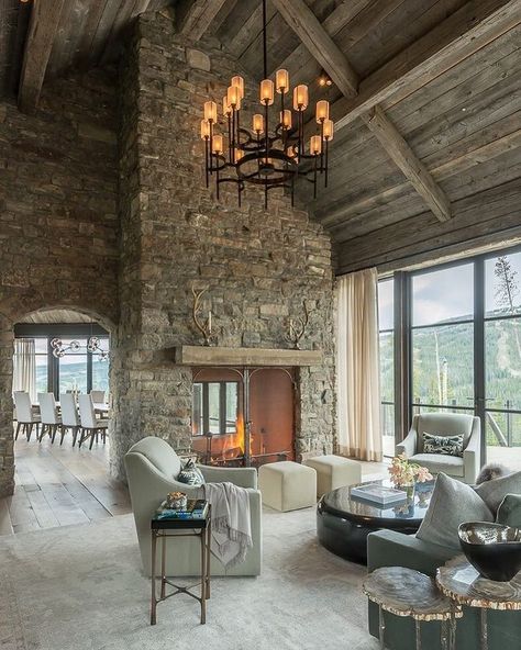 OSM | Construction on Instagram: “Lone Mountain Hideaway ✨” Two Sided Fireplace, Living Room Decor Country, House Design Trends, French Country Living Room, Industrial Interior Design, Rustic Home Design, Country Living Room, Home Fireplace, High Ceilings