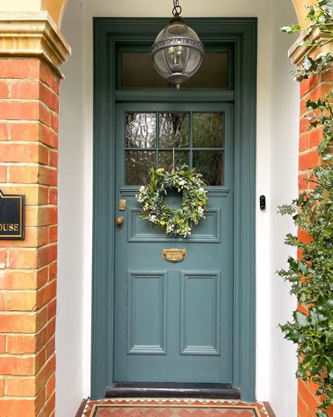 Bryony and Tom on Instagram: “Well I might have just got caught in a mini hail storm BUT it’s officially spring and tis the season for a spring wreath! Bought this one…” Farrow And Ball Inchyra Blue Front Door, Front Door Ideas Traditional, Porch Door Uk, Front Door Ideas Blue, Blue Gray Door Exterior, Inchyra Blue Front Door, Green House Blue Door, Powder Blue Front Door, Victorian Doors Front Entrance