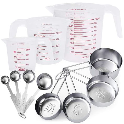 PRICES MAY VARY. ✓ MULTIPLE SIZES: Meet all your needs on cooking and baking. Includes 4 metal measuring cups (1/4 cup, 1/3 cup, 1/2 cup,1 cup) 3 plastic liquid measuring cup (1 cup/250 ml, 2cup/500 ml, 4 cup/1000 ml) and 4 metal measuring spoons (1/4 tsp, 1/2 tsp, 1 tsp, 1 tbsp). stainless measuring spoons and cups add versatility and functionality to your kitchen. ✓ STURDY AND DURABLE: Made of durable stainless steel unbreakable high quality rust proof, heavy duty, professional polished 18/8 ( Dry Measuring Cups, Stainless Steel Measuring Cups, Measuring Cups And Spoons, Measuring Cups Set, Gadgets Kitchen Cooking, Spoons Set, Liquid Measuring Cup, Pottery Crafts, Measuring Cup