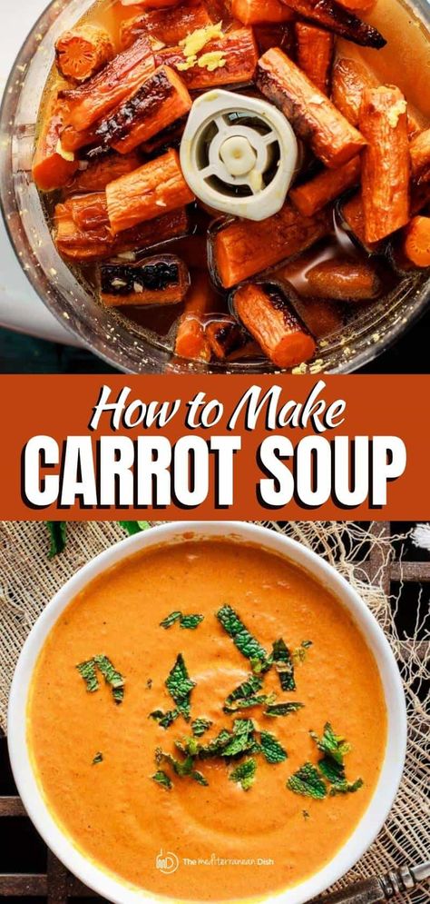 Creamy carrot ginger soup that's loaded with warm flavors! Even better the next day, so if you like to meal-prep, this is perfect! Meal Prep Carrots, Carrot Potage, Roasted Carrot Ginger Soup, Mediterranean Soups, Clean Soup, Carrot Ginger Soup Recipe, Roasted Carrot Soup, Carrot Dishes, Creamy Carrot Soup