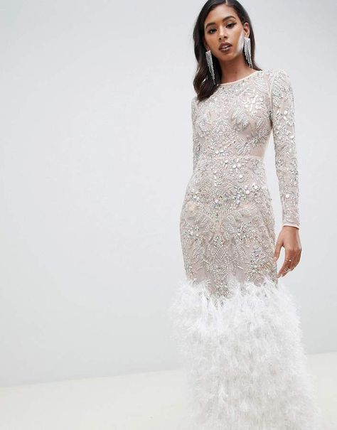 ASOS DESIGN Embellished Sequin Maxi Dress with Faux Feather Trim Sequin And Feather Dress, Sequin Feather Dress, White Feather Dress, Gold Beaded Dress, Wedding Dress Sequin, Feather Trim, Sequin Maxi, Sequin Maxi Dress, Dress Designer