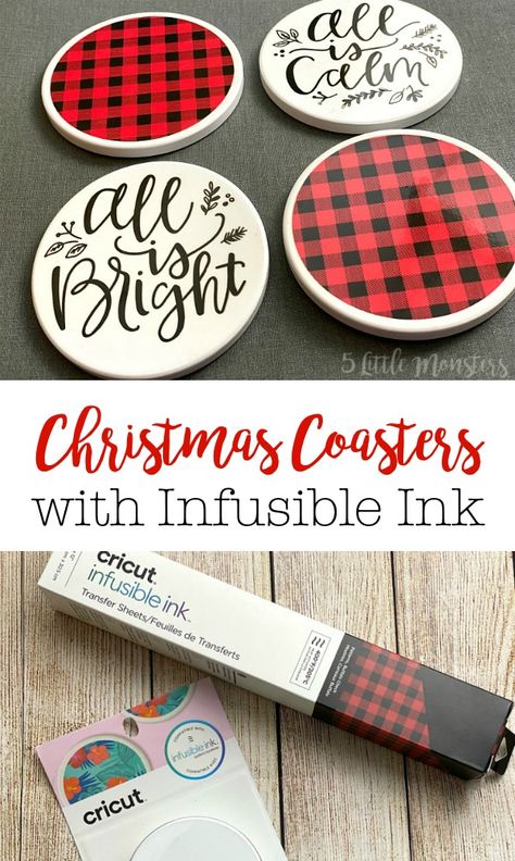 Make Christmas Coasters with Infusible Ink compatible coasters and transfer sheets. Diy Sublimation Coasters, Christmas Projects To Sell, Cricut Christmas Projects To Sell, Cricuit Ideas Diy Projects, Pinecone Christmas Crafts, Christmas Cricut Projects To Sell, Infusible Ink Mugs, Infusible Ink Cricut, Cricut Coasters