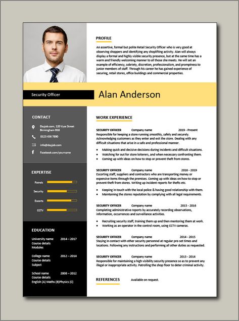 Immediately download this Free Security Officer CV template. Ideal for any Corporate, Retail or Building security jobs. It is in Microsoft Word (DOC) format, easy to edit, printable and can be fully customised. #CV #template #Resume #Free #Job #application #MS #Word #Corporate #Retail #Building #Bank #Guard Curriculum Vitae Resume, Executive Resume Template, Cv Examples, Executive Resume, Account Executive, Cv Resume Template, Cover Letter Example, Template Resume, Manager Resume