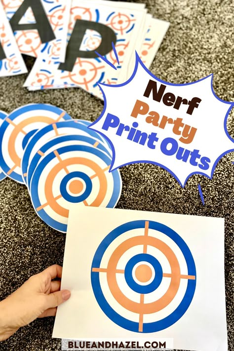 Here's how we decorated for my 9 year old's Nerf birthday party! With links to all the orange and blue Nerf printables, easy cake decorating idea, and what the kids played at the party. Super easy and simple, and very low prep! You can quickly and easily pull off a Nerf themed party without having to be very crafty or creative. Think blue and orange...print out a few Etsy printables to be festive, and have some Nerf gear ready to play with! Nerf Birthday Shirt Ideas, Nerf Wars Birthday Party, Indoor Nerf Party, Glow In The Dark Nerf Party, Nerf Party Backdrop, Boys Nerf Birthday Party, Nerf Wars Battlefield Diy, Nerf Birthday Party Ideas Cake, Diy Nerf Targets