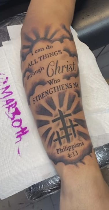 Bible Forearm Tattoos For Men, Men’s Christian Tattoo Sleeve, Skys The Limit Tattoo Men, Philippians 4 13 Tattoo Forearm, Mark 9:23 Tattoo, Male Christian Tattoos, God Tattoos For Men Jesus, Scripture Tattoos For Men Forearm, Bible Quotes Tattoos For Men