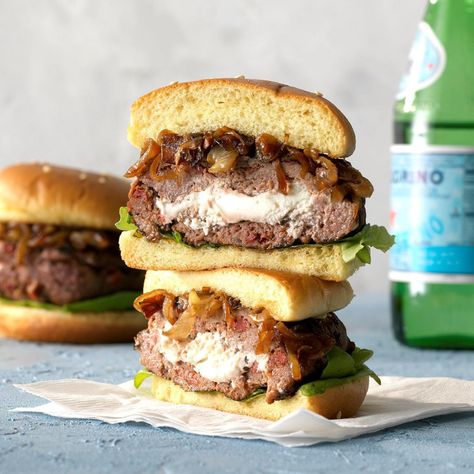 This irresistible gourmet burger recipe brings together many of the flavors my family enjoys, plus there’s a delicious filling in the center. You can use almost any cheese—Gorgonzola, feta, smoked Gouda and blue all work! —Aaron Shields, Hamburg, New York Olive Burger, Gourmet Burgers Recipes, Grilled Burgers, Gourmet Burgers, Steak Fajitas, Hamburger Recipes, Burrito Bowl, Sun Dried Tomatoes, Everyday Meals