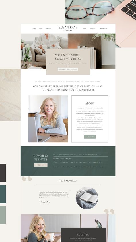 For this project, we Restyled our Rise & Shine Template for Squarespace 7.1 to fit the clean, modern, and uplifting brand vibe for Susan Kaye Coaching. Our goal with this project was to create a simple and clean design that highlighted Susan’s coaching services. We modernized her site by pairing her dynamic photography with soft colors and clean lines. Hygge Website Design, Inspirational Website Design, Therapist Website Design Inspiration, Web Designer Website, Square Space Website Design, Website Inspiration Design, Clean Website Design, Therapy Website Design, About Website Design